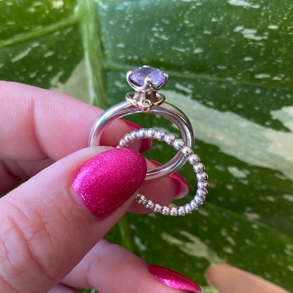 Pandora Stacker Set - Retired 925 Silver Gold Halo Ring w/diamond & Amethyst